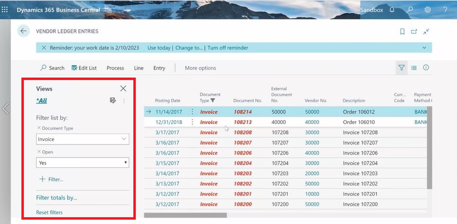 Filtering and Sorting Views in Dynamics 365 Business Central