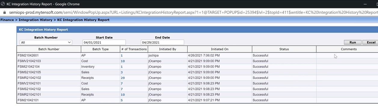 KC Integration History Report